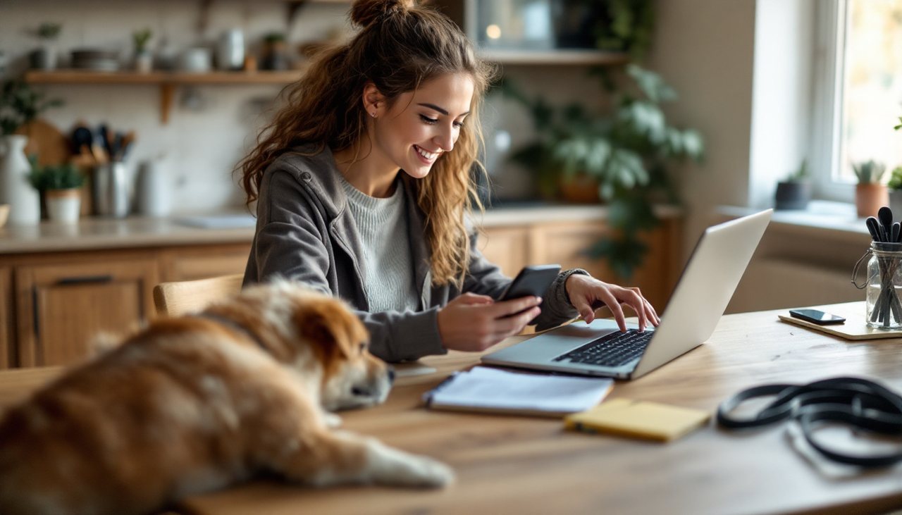 Dogsitter à sa table de cuisine, ordinateur et téléphone en main, son chien couché à côté